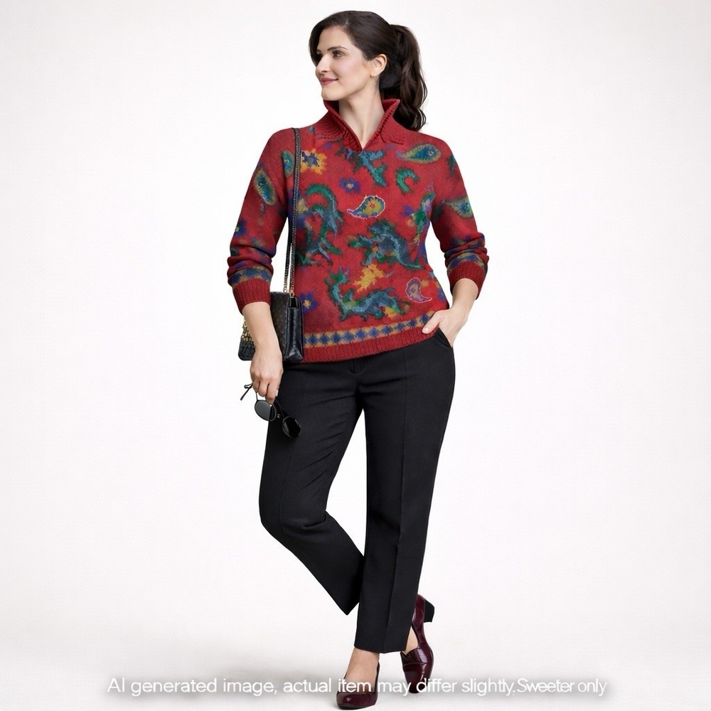 Monsoon Womens Wool Handknit Oversized‎ Sweater M Red Folk Art Paisley Vintage